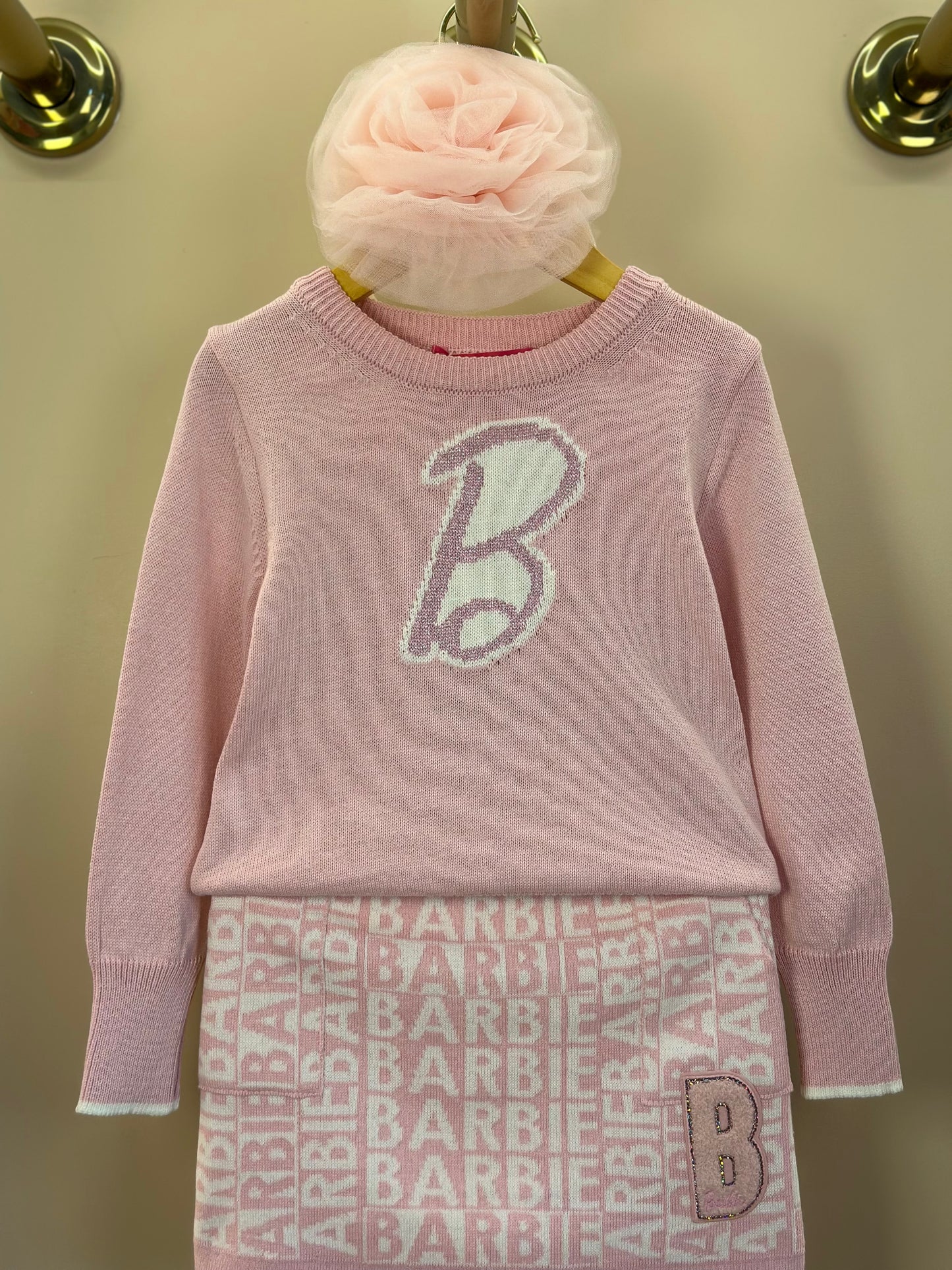 Conjunto Infantil Tricot Blusa Barbie Strass e Saia Jacquard Barbie Patches Sugar Rose - Pituchinhus