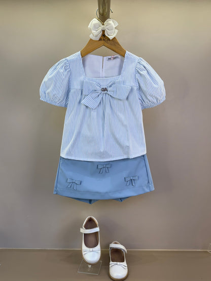 Conjunto Infantil Saia Like Leather Com Lacinhos E Blusa Listrada Azul - Gabriela Aquarela