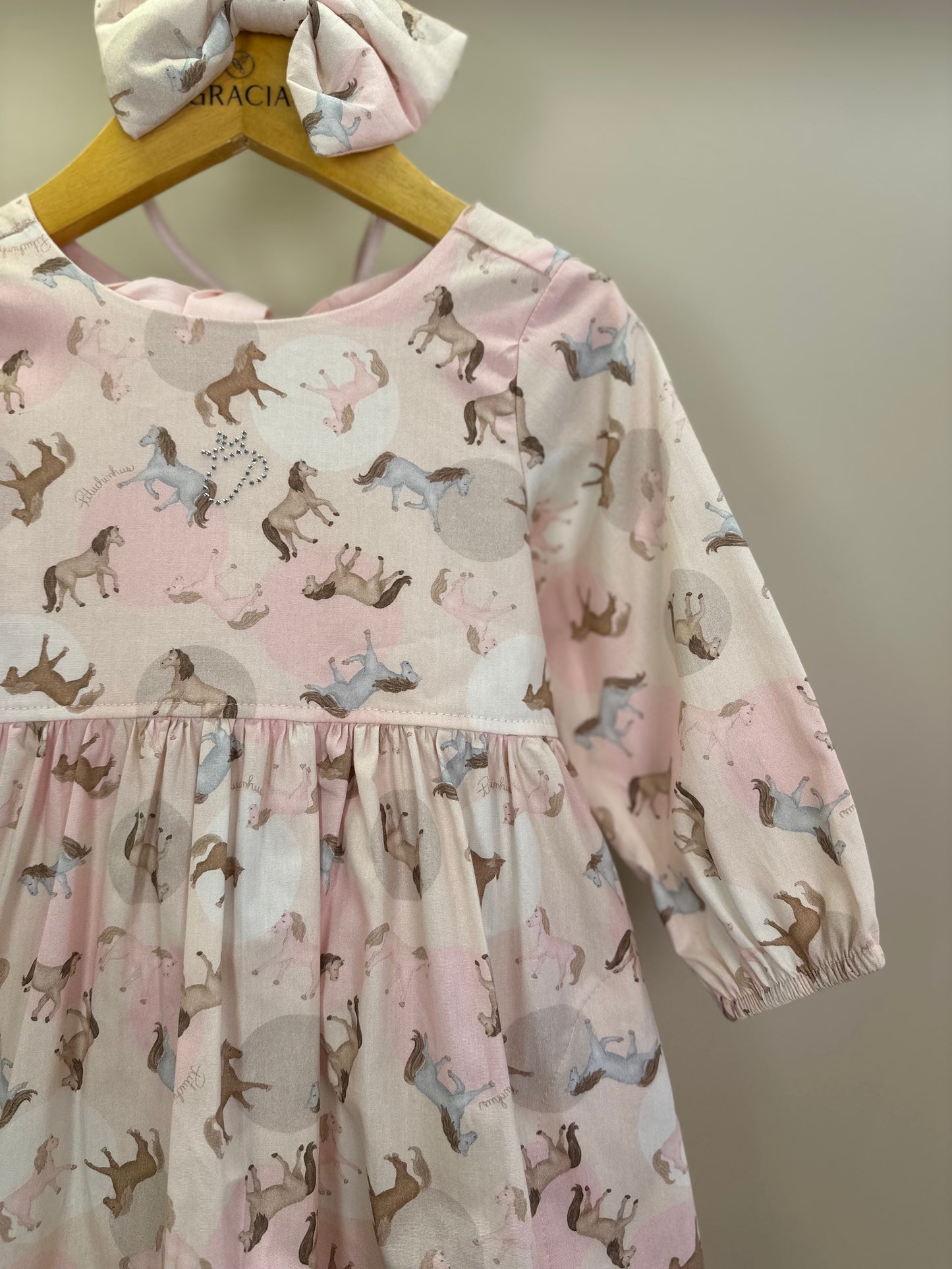 Vestido Infantil Algodão Estampa Cavalinhos e Poá Bolsos Rosa - Pituchinchus
