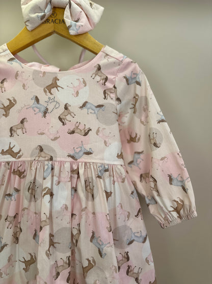 Vestido Infantil Algodão Estampa Cavalinhos e Poá Bolsos Rosa - Pituchinchus