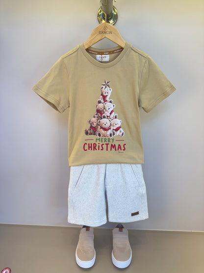 Conjunto Infantil Camiseta Algodão Teddy Natal e Bermuda Moletom Algodão Linho - Dame