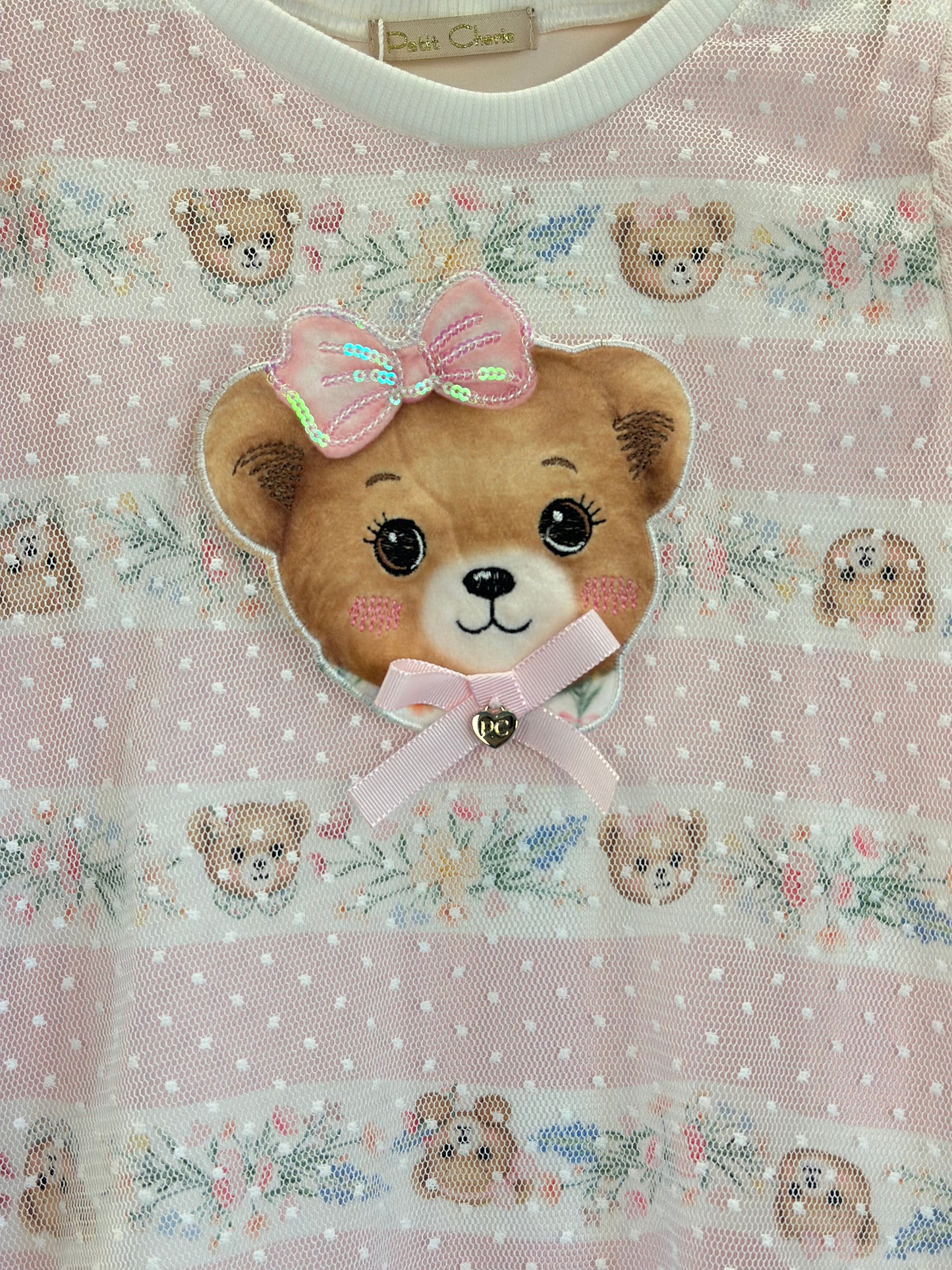 Vestido Infantil Trapézio Tule Poá Ursinha Bordado Lacinho Rosa - Petit Cherie