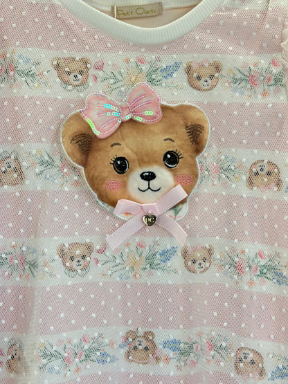 Vestido Infantil Trapézio Tule Poá Ursinha Bordado Lacinho Rosa - Petit Cherie