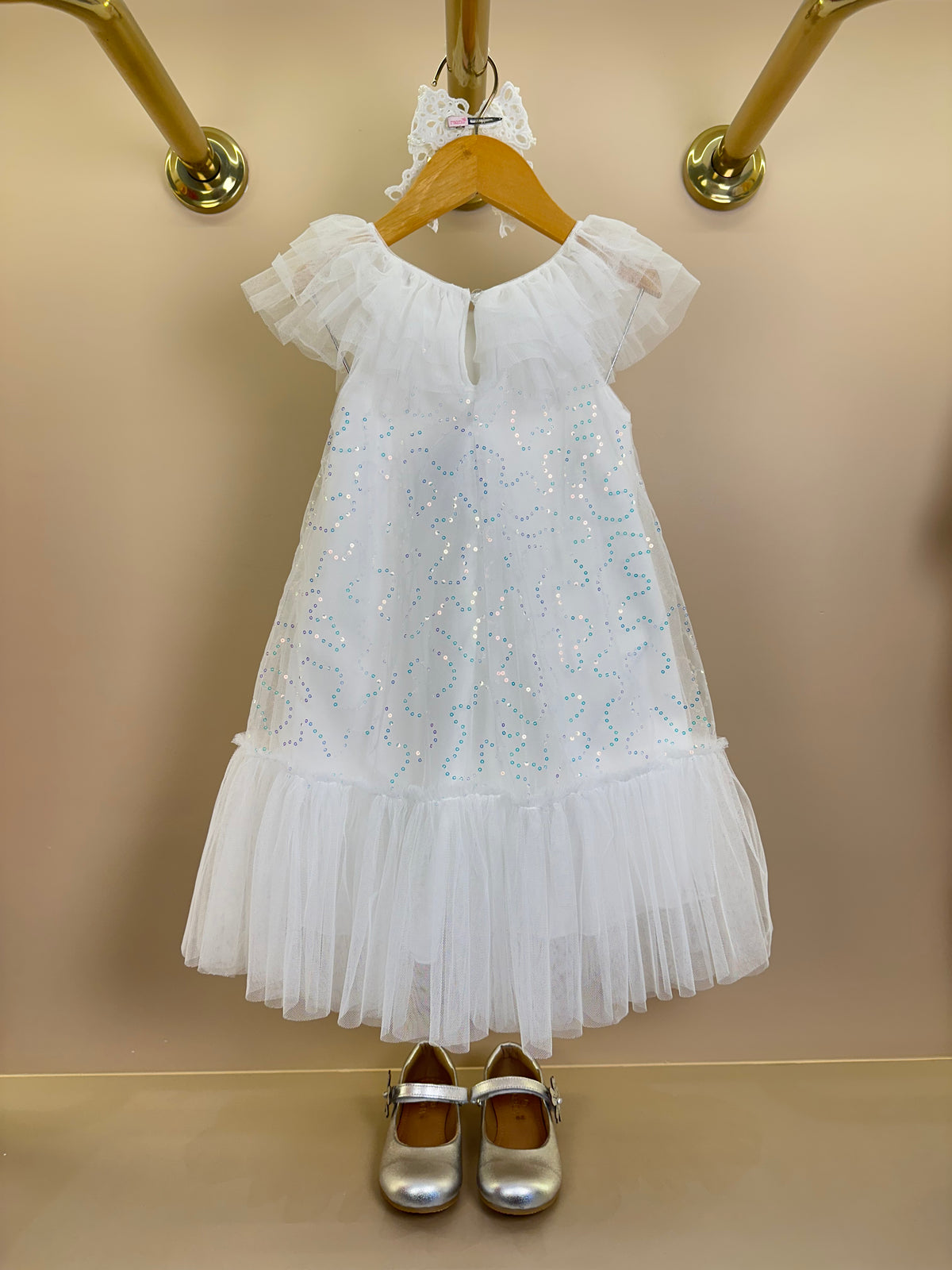 Vestido Infantil Trapézio Tule Bordado Paeté Off White - Petit Cherie