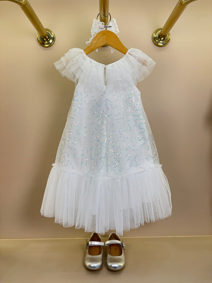 Vestido Infantil Trapézio Tule Bordado Paeté Off White - Petit Cherie