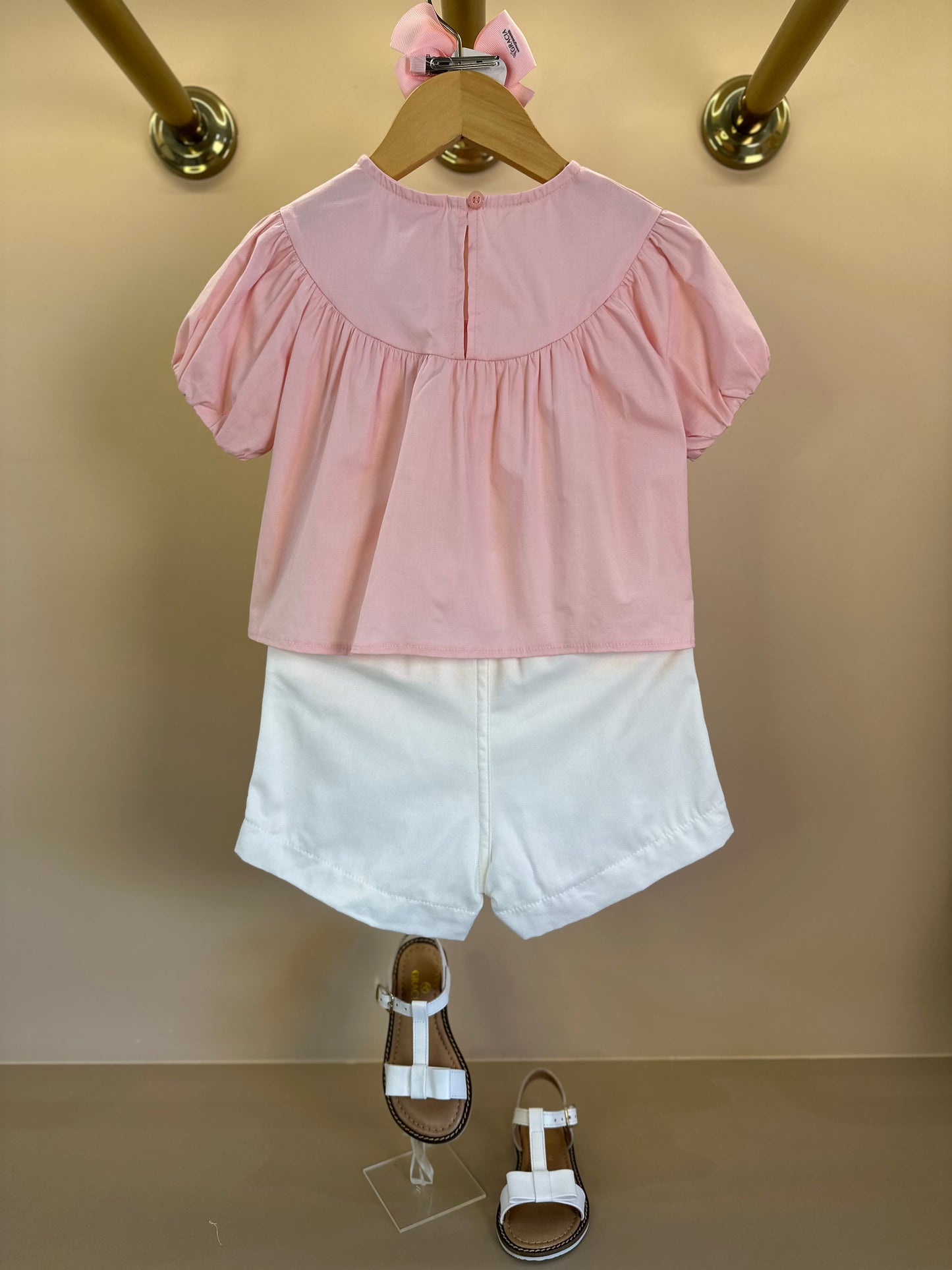 Conjunto Infantil Blusa Rosa Cristal Bordada e Shorts Off - Momi