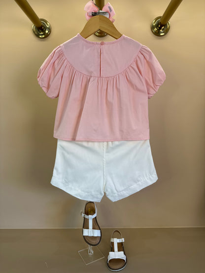 Conjunto Infantil Blusa Rosa Cristal Bordada e Shorts Off - Momi