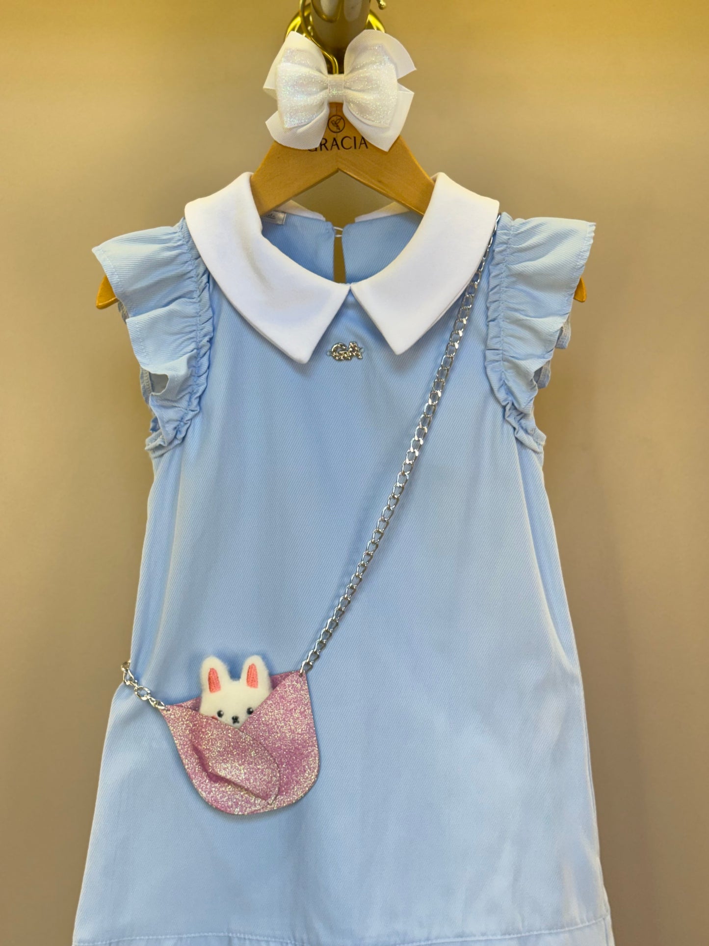 Vestido Infantil Algodão Azul com Bolsinha Coelhinho - Gabriela Aquarela
