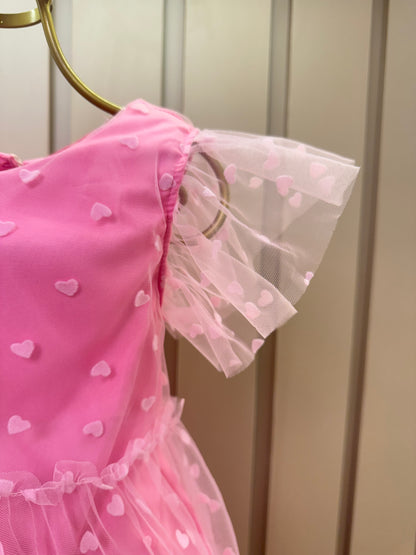 Vestido Infantil Trapézio Tule Corações Rosa Balé - Mon Sucré