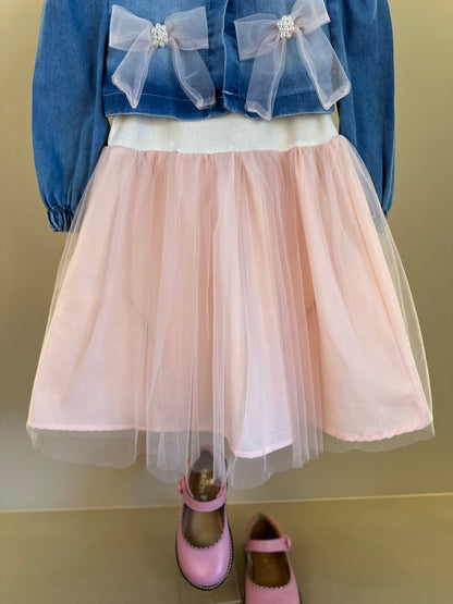 Vestido Infantil Tule Rosa Com Jaquetinha Jeans Laços - Gabriela Aquarela