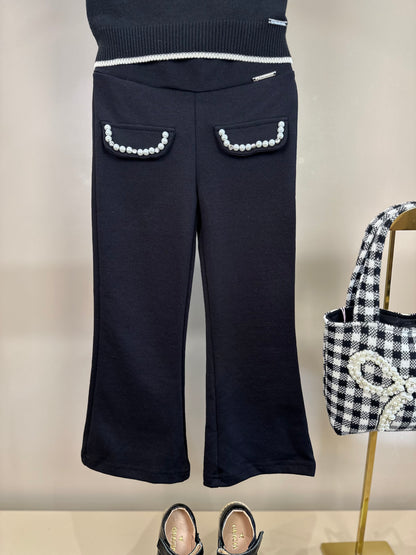 Conjunto Infantil Blusa Tricot Maxi Laço Bordado Pérolas Cristais e Calça Flare Lapelas Bordadas Preta - Pituchinhus