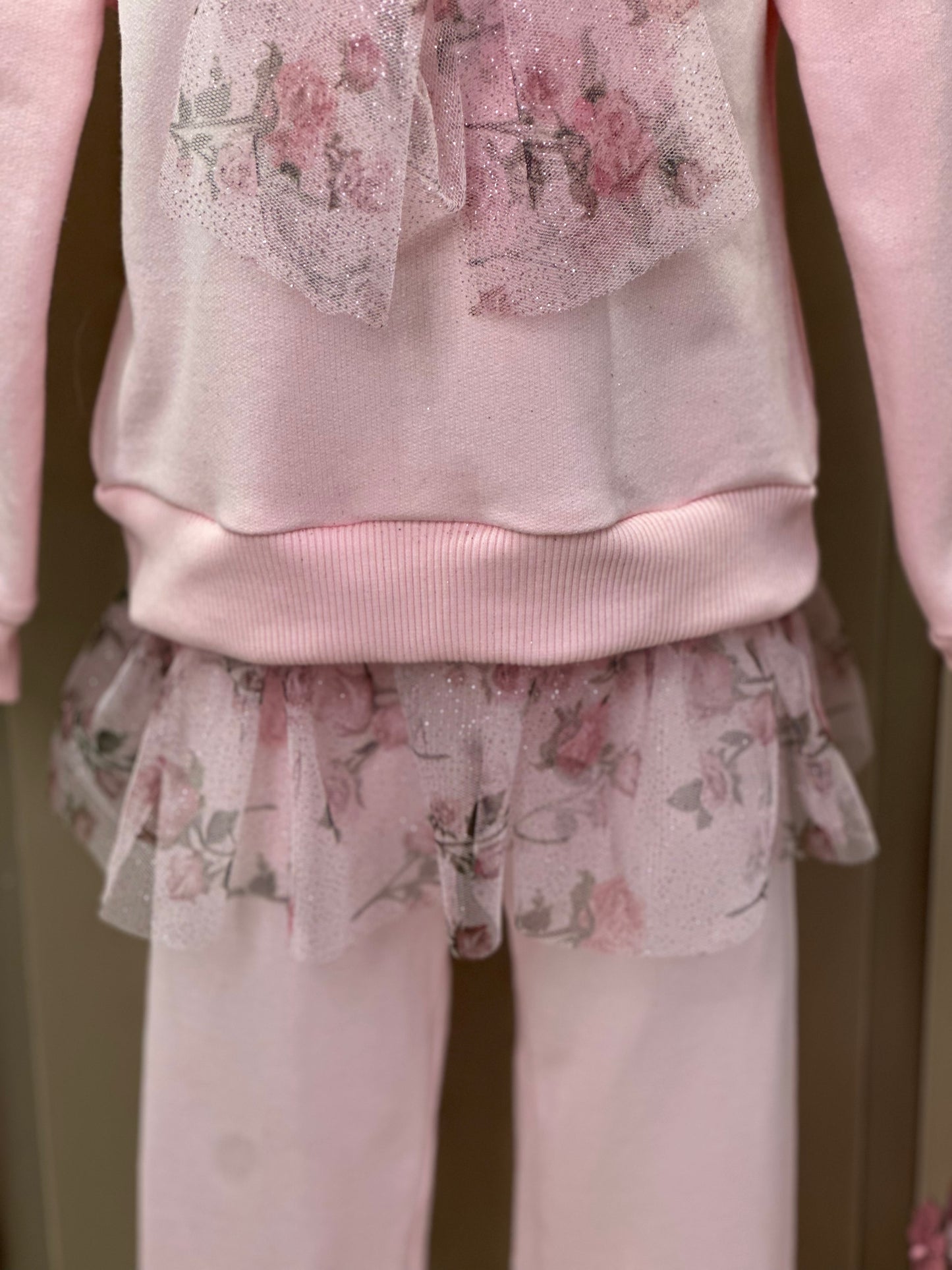 Conjunto Infantil Blusa Moletom Babado Tule Floral Glitter e Calça Legging Cotton Rosa - Luluzinha