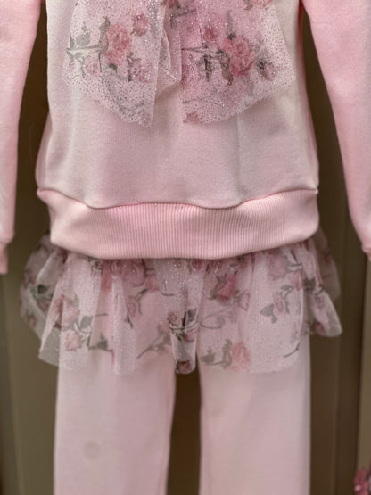 Conjunto Infantil Blusa Moletom Babado Tule Floral Glitter e Calça Legging Cotton Rosa - Luluzinha