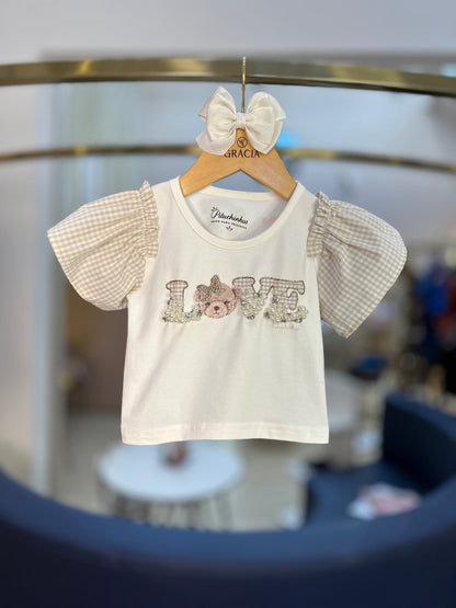 Conjunto Infantil Blusa Love Bordado Mangas Xadrez e Shorts Bordados Pérolas e Cristais - Pituchinhus