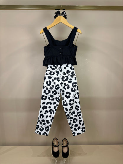 Conjunto Infantil Blusa Peplum Lacinho e Calça Sarja Animal Print P&B - Luluzinha