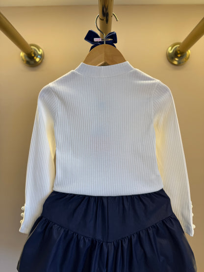 Conjunto Infantil Blusa ML Laço Bordado e Shorts Evasê Couro Tech Marinho - Beabá