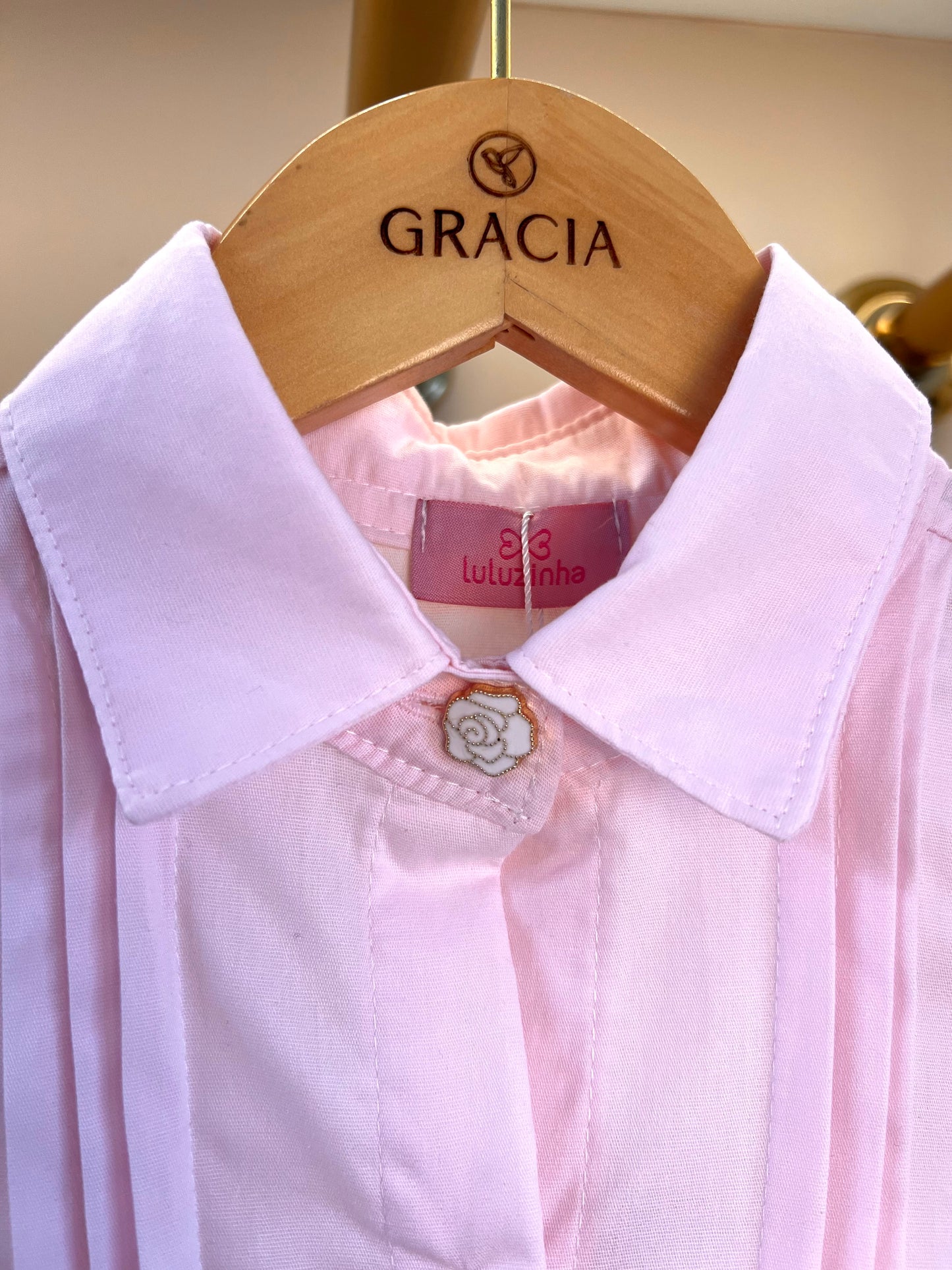 Camisa Infantil Algodão Babadinhos Punho Pregas Rosa - Luluzinha