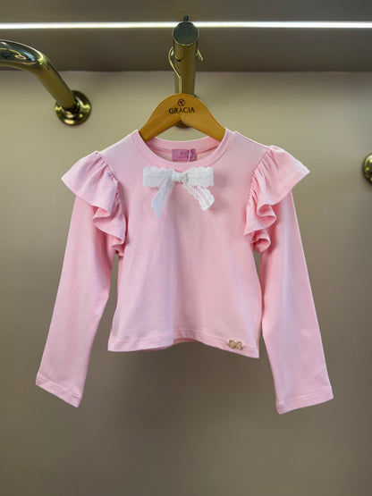 Blusa Infantil Manga Longa Com Laço Rosa - Luluzinha