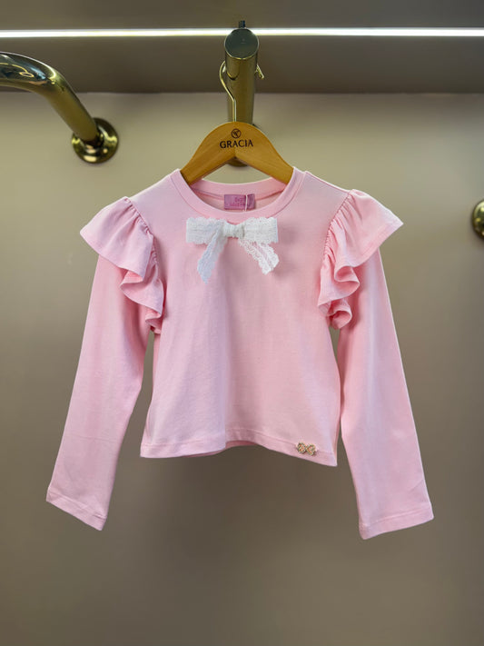 Blusa Infantil Manga Longa Com Laço Rosa - Luluzinha