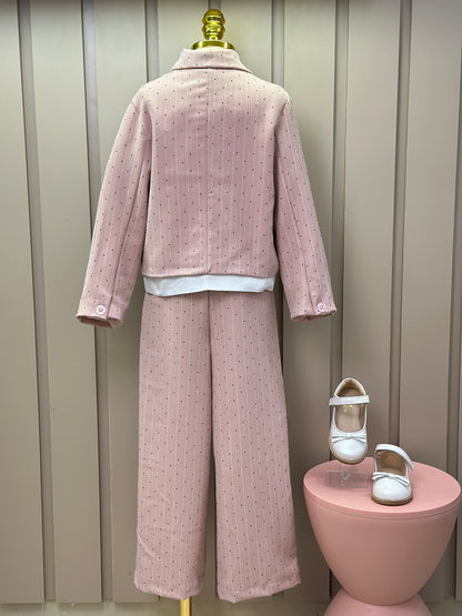 Conjunto Infantil Trio Blusa Lacinho, Casaqueto e Calça Alfaiataria Listrada Strass Rosé - Petit Cherie