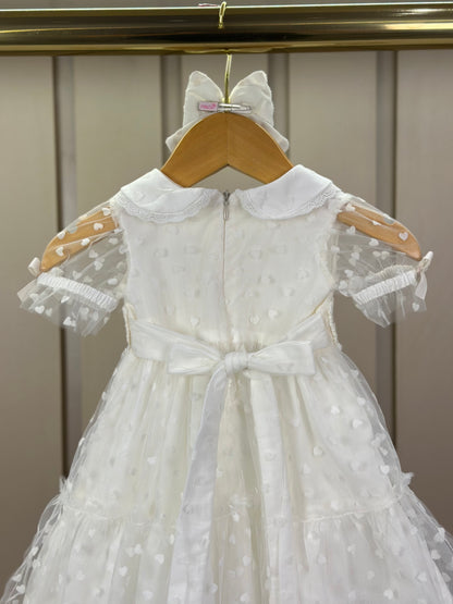 Vestido Infantil Super Luxo Tule Poás Marfim Gola, Busto e Mangas Rendadas e Bordados - Roana