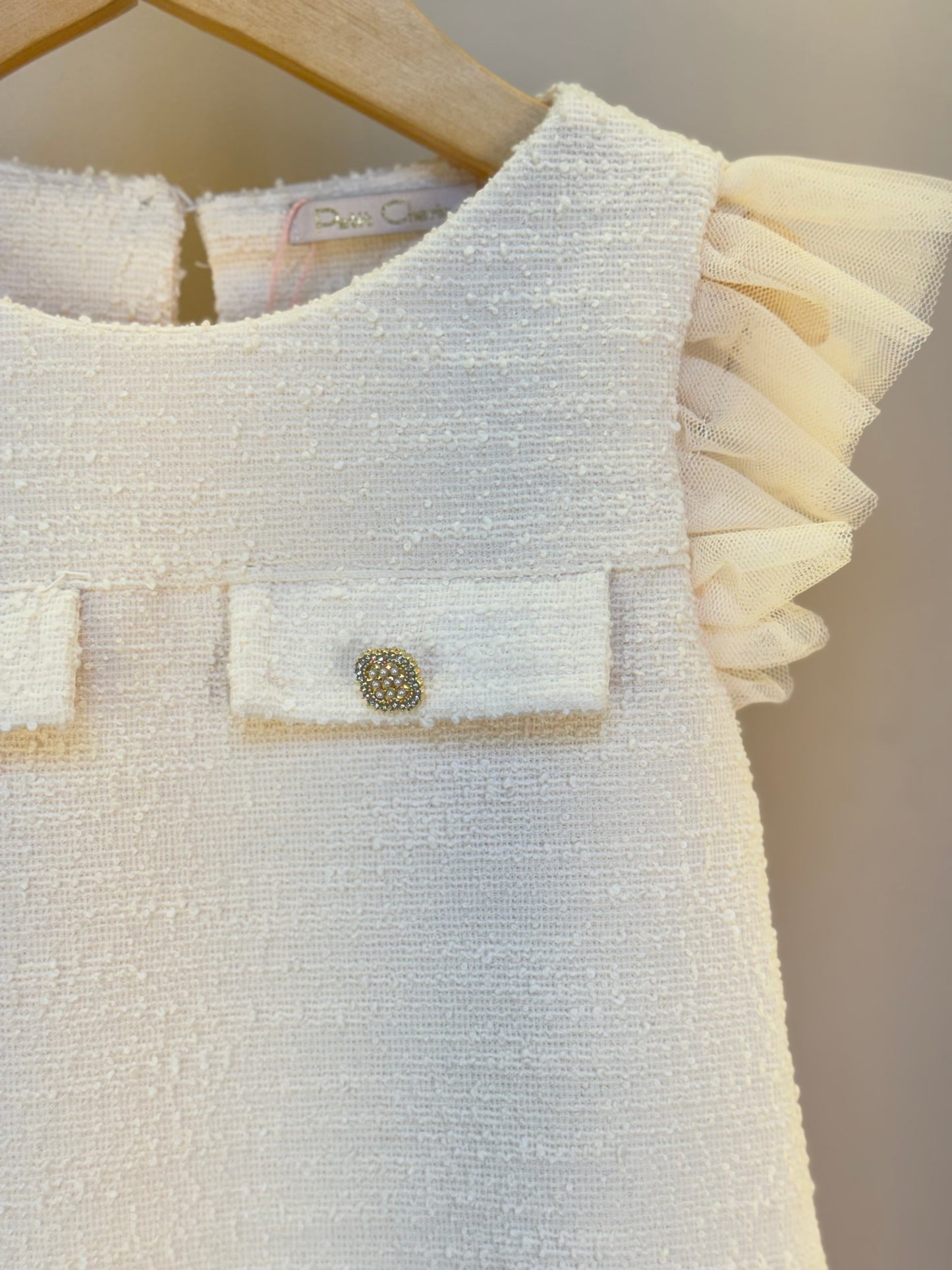 Vestido Infantil Tweed com Botão Joia e Tule - Petit Cherie