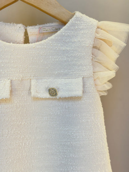 Vestido Infantil Tweed com Botão Joia e Tule - Petit Cherie