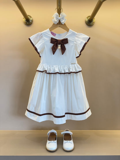 Vestido Infantil Rodado Tricoline Branco com Laço Marrom - Luluzinha