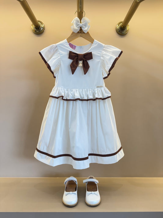 Vestido Infantil Rodado Tricoline Branco com Laço Marrom - Luluzinha
