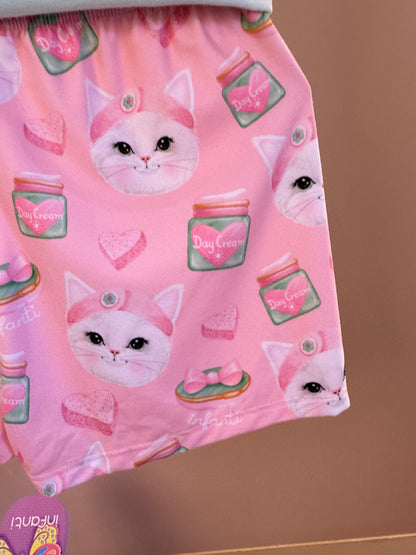 Pijama Infantil Blusa Gatinha Skin Care e Shorts Gatinha Rosa - Infanti
