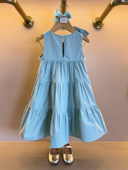 Vestido Infantil Algodão Camadas Laço Strass Ombro Verde - Petit Cherie