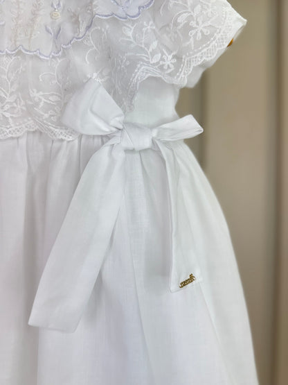 Vestido Bebê Algodão Gola Babados Bordada com Lacinhos Branco - Roana