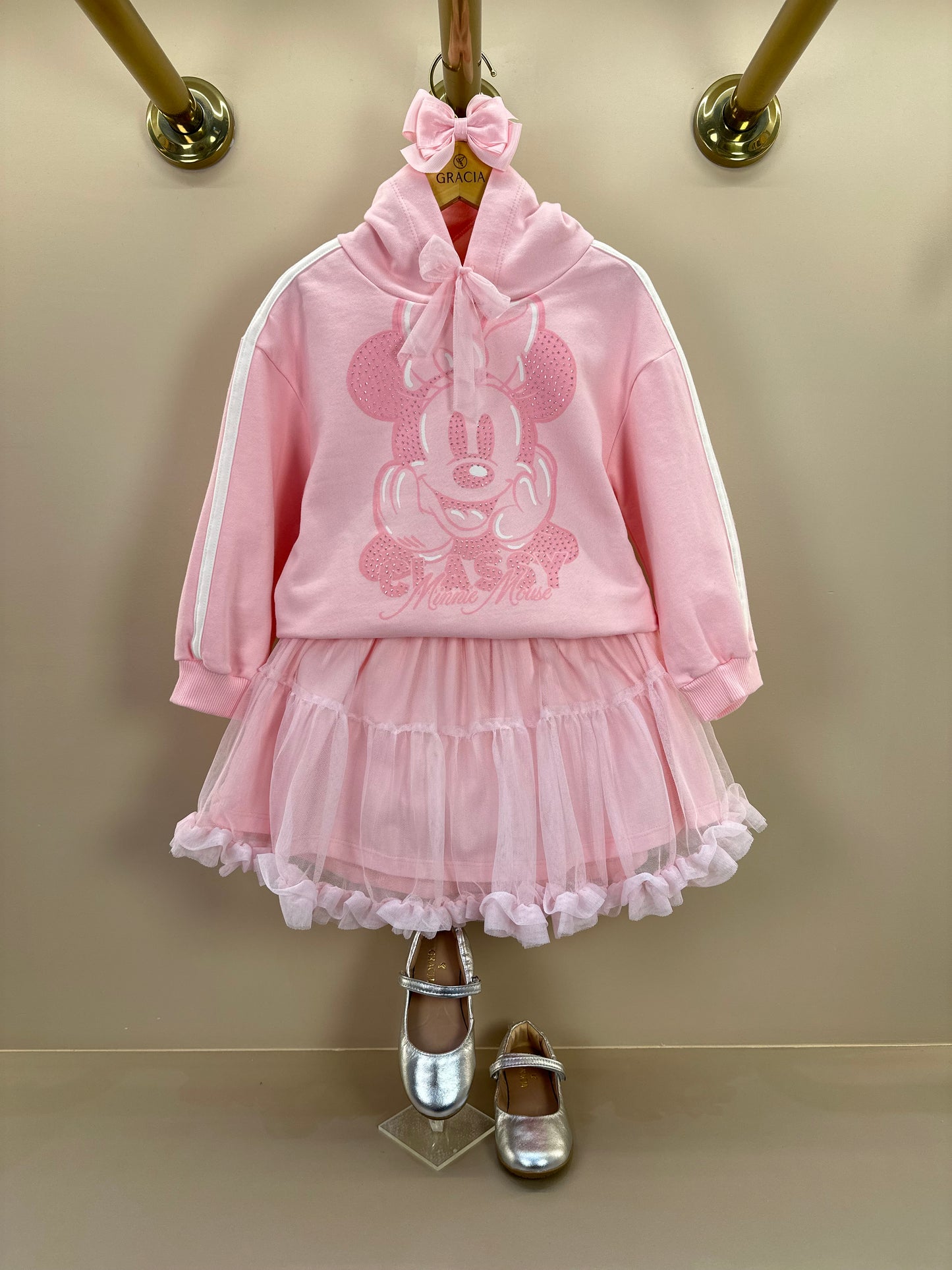 Conjunto Infantil Casaco Minnie Strass Laço e Saia Tule Babado Rosa Soft - Animê Petite