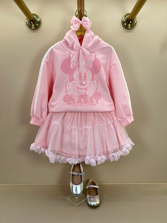 Conjunto Infantil Casaco Minnie Strass Laço e Saia Tule Babado Rosa Soft - Animê Petite