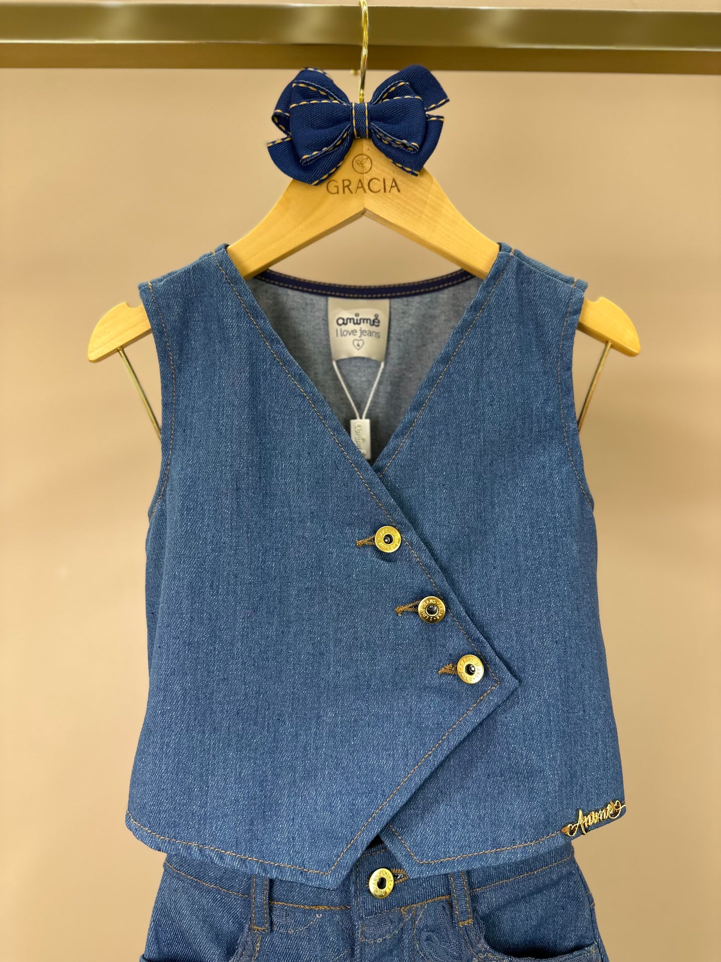 Conjunto Infantil Colete e Calça Jeans Bordada Tule Flores - Animê