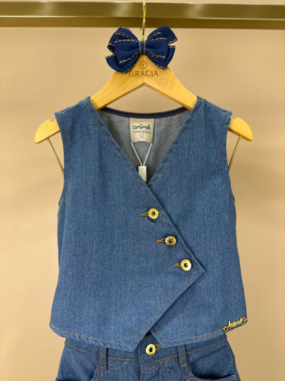 Conjunto Infantil Colete e Calça Jeans Bordada Tule Flores - Animê