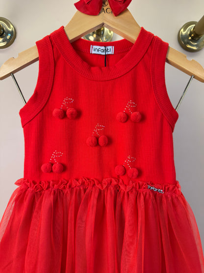 Vestido Infantil Liz Vermelho Com Cereja e Saia Em Tule - Infanti