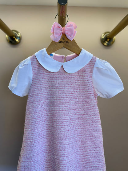 Vestido Infantil Reto Malha Tweed Algodão Gola Alfaiataria Rosa Claro - Beabá
