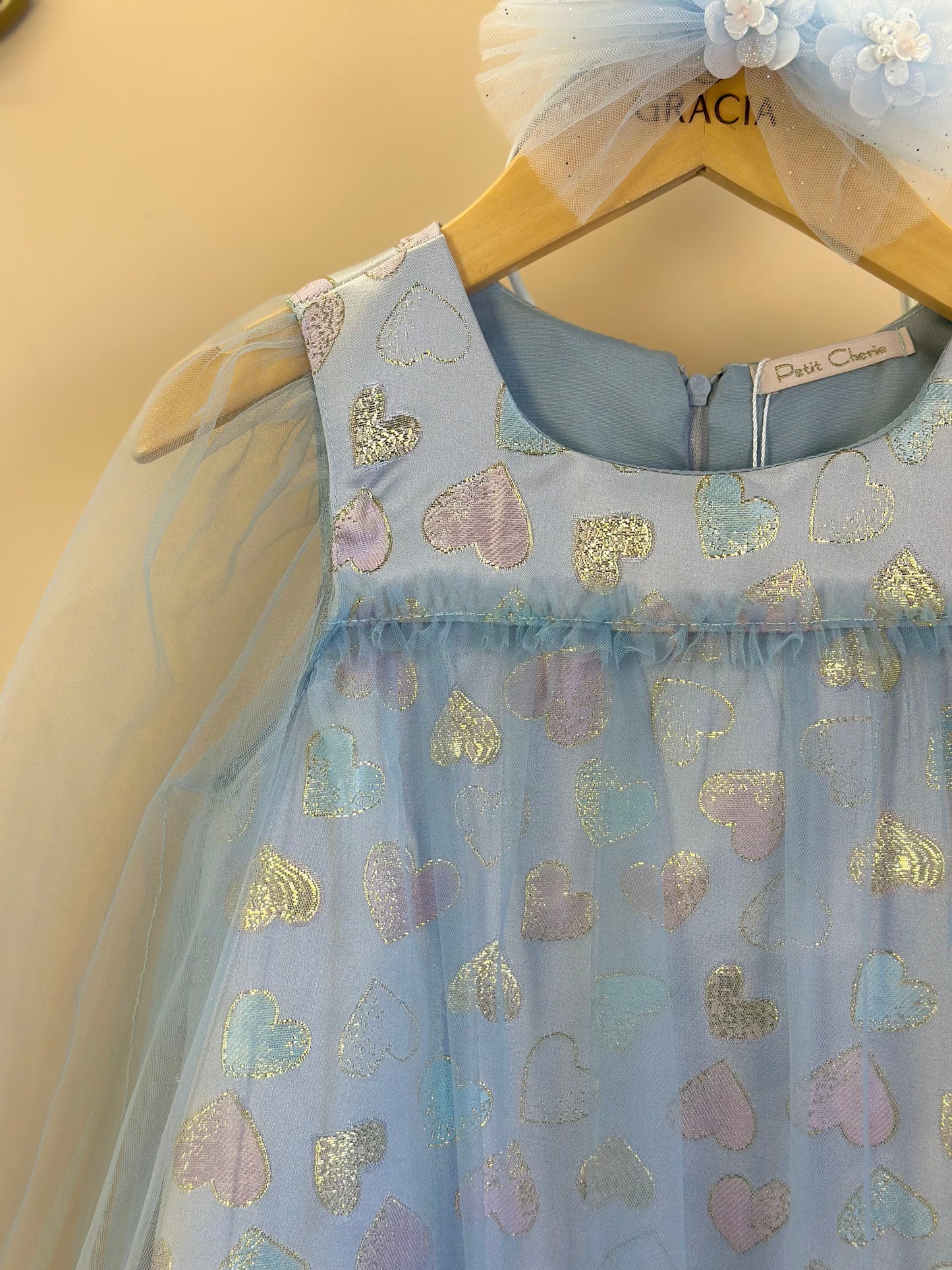 Vestido Infantil Trapézio ML Tule Jacquard Corações Azul - Petit Cherie