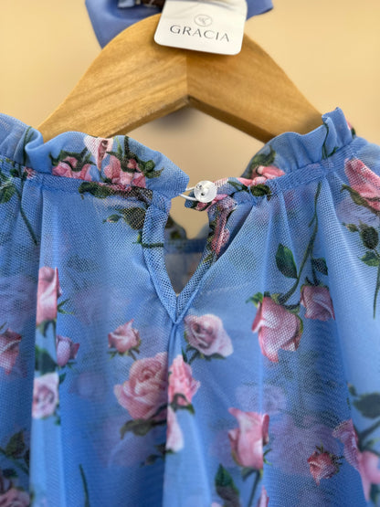 Conjunto Infantil Blusa Capa Floral Azul e Shorts Alfaiataria Azul - Luluzinha