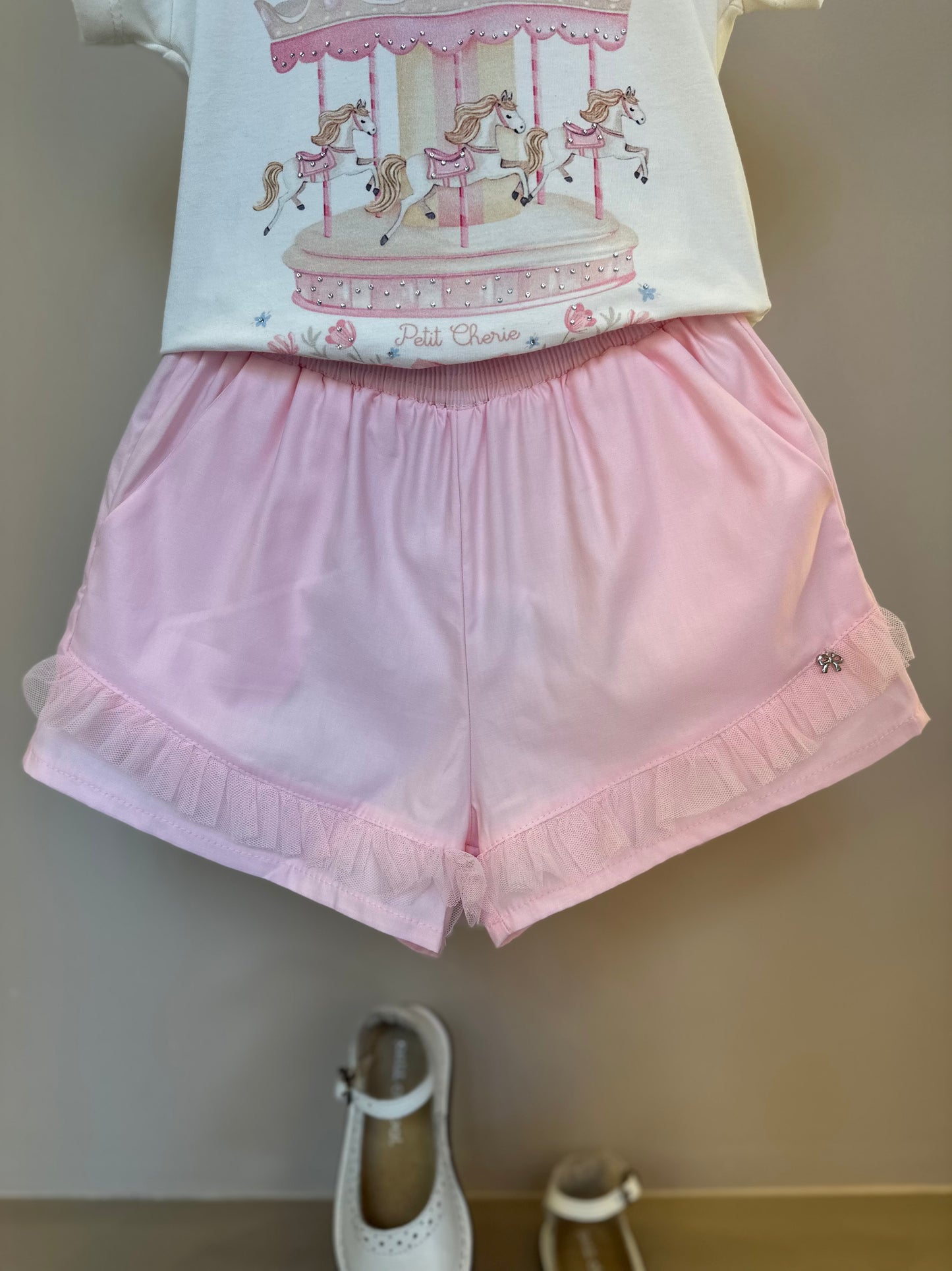 Conjunto Infantil Blusa Carrossel Shorts Babado Rosa - Petit Cherie