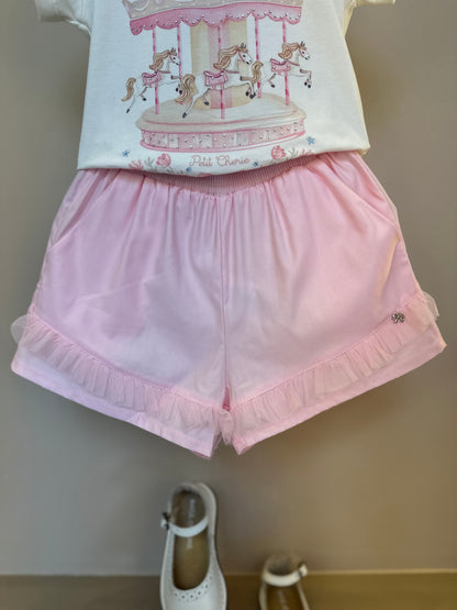 Conjunto Infantil Blusa Carrossel Shorts Babado Rosa - Petit Cherie