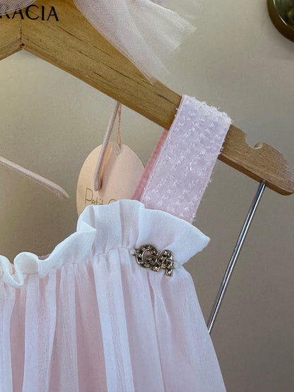 Vestido Infantil Fluído com Babados e Aplicacão Buque de Flores Salmão - Gabriela Aquarela