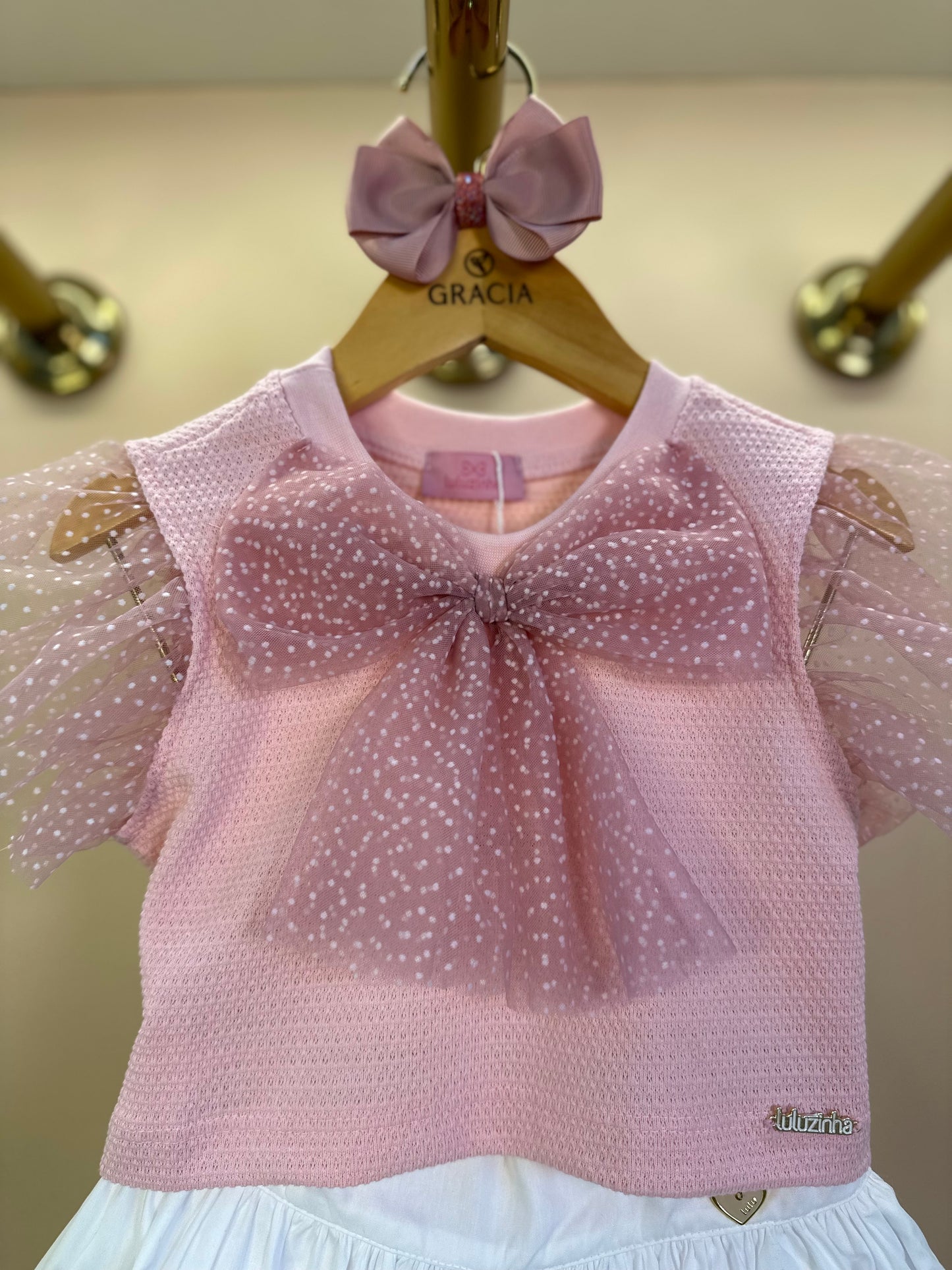 Conjunto Infantil Blusa Laço Tule Rosa e  Shorts Balonê Off - Luluzinha