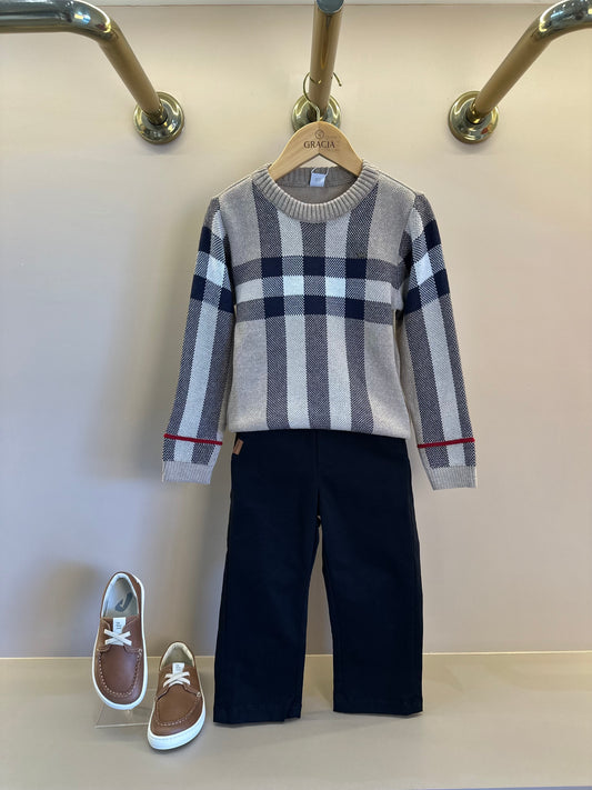 Conjunto Bebê  Blusa Tricot Clássico Jacquard E  Calça Social Sarja Peletizada Preta - Um Mais Um