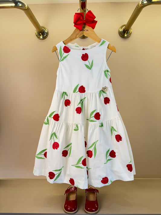 Vestido Infantil Off White Tulipas Vermelhas Bordada - Animê