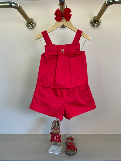 Conjunto Infantil Algodão Vermelho Blusa Pingente Laço e Shorts - Petit Cherie