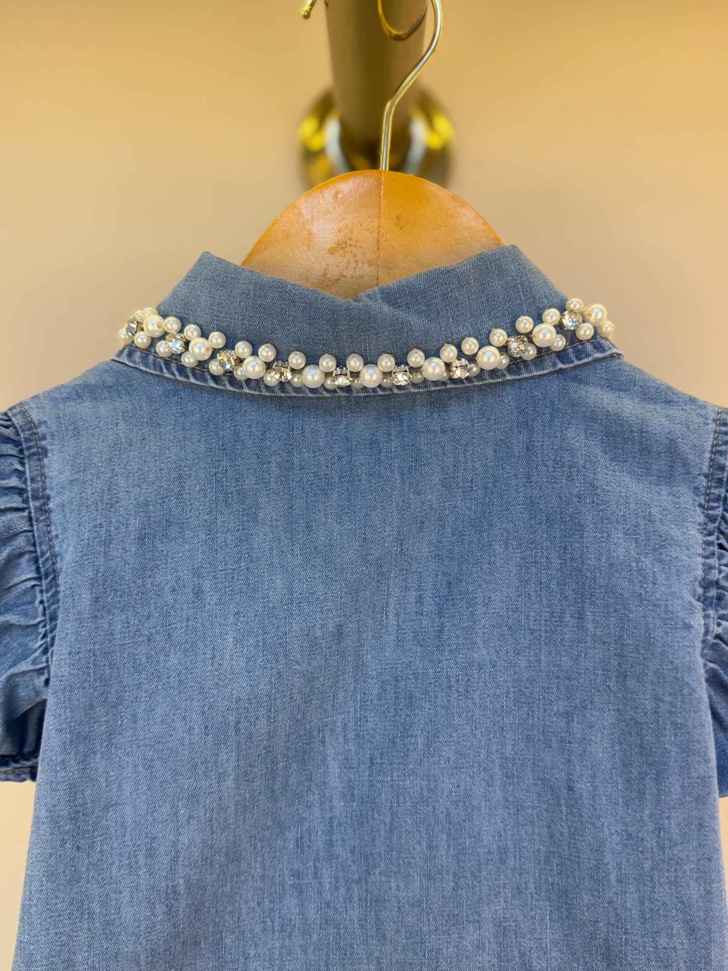 Camisa Infantil Jeans Gola Bordada Pérolas e Cristais - Pituchinhus