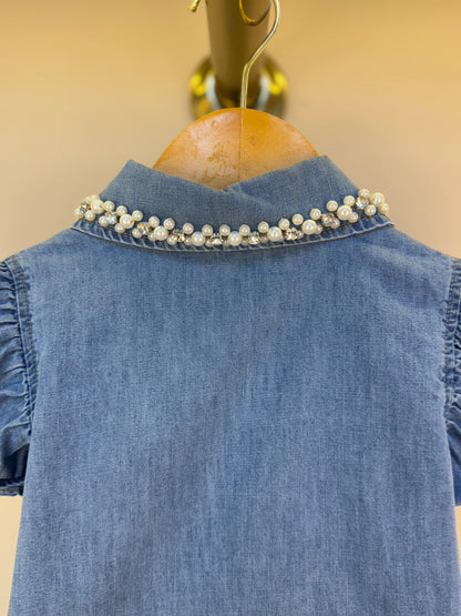 Camisa Infantil Jeans Gola Bordada Pérolas e Cristais - Pituchinhus