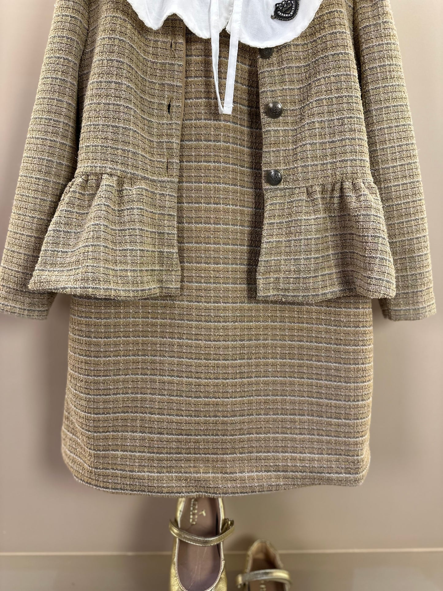 Vestido Infantil Manga Curta Tweed Xadrez Bege - Animê Petite